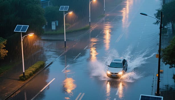 Outdoor solar street lights operating normally during rainfall, with visible IP65/IP66 waterproof rating markings on the lamp housing and photovoltaic panel frame.  