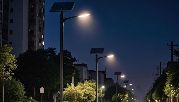 Solar street lights (with mounted solar panels) lighting residential neighborhood at dusk - supporting 3-5 rainy days of backup runtime