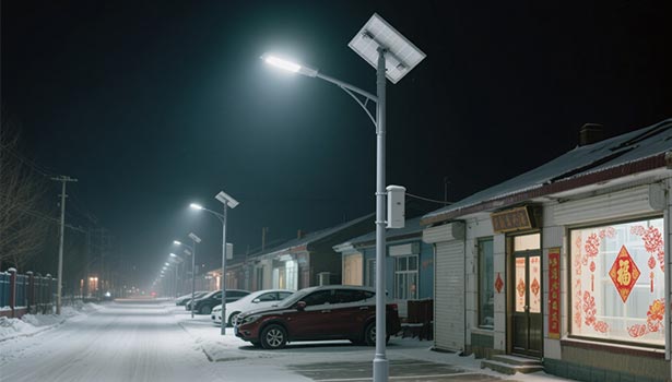 Commercial solar street lights illuminating a snowy residential street at night in winter, with parked cars and decorated houses nearby—demonstrating stable operation in low-temperature, snow-covered conditions