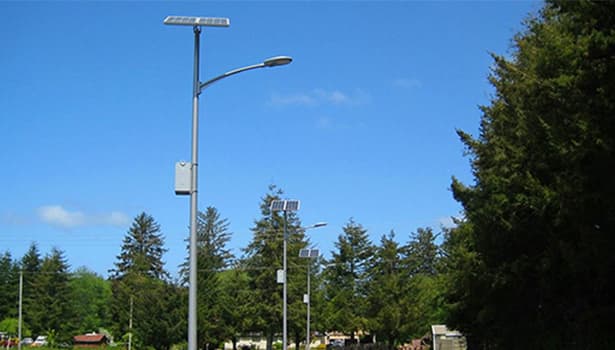 Solar street lights installed in a public park providing eco-friendly lighting