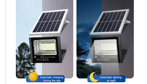 Solar panel charging a flood light