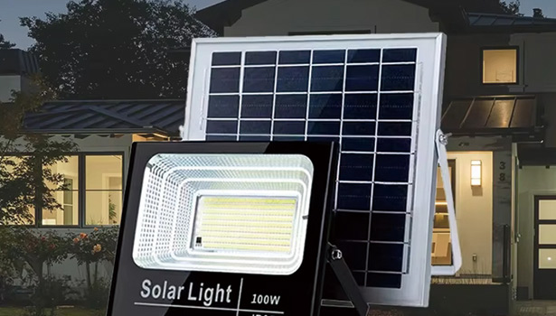 LED solar flood light illuminating a yard for security