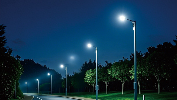 Solar street lights illuminating a park at night
