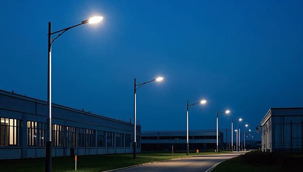 Commercial-grade solar street lights installed in industrial area