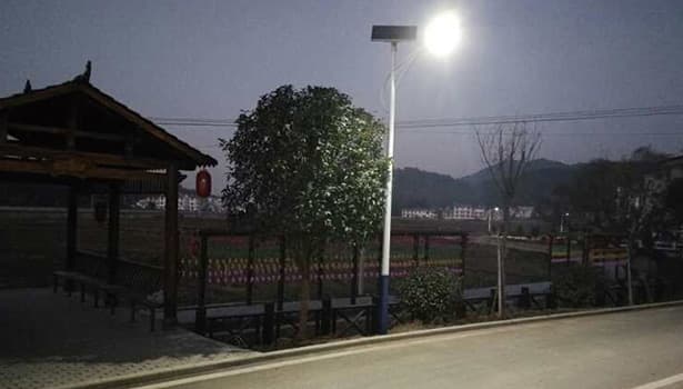 Bright solar street lights lighting up a rual street