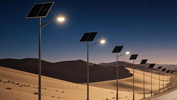 A row of solar street lights illuminating at night in the desert