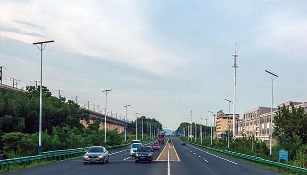 Solar street lights along a highway, ensuring visibility for vehicles