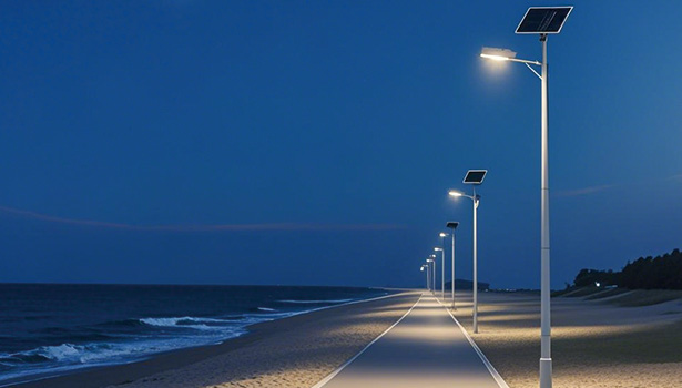 Nighttime lighting effect of waterproof solar street lights in a coastal area, ensuring safe navigation
