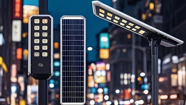 Components of a solar street light including solar panel and LED lights, set against an urban night scene