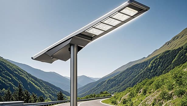 A solar street light on a mountain road, surrounded by lush green hills