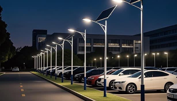 Solar street lights illuminating a parking lot at night, with parked cars and a building in the background