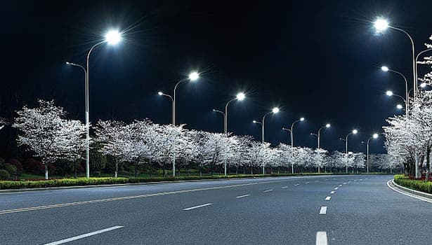 Solar street lights along a road with cherry trees in bloom at night.