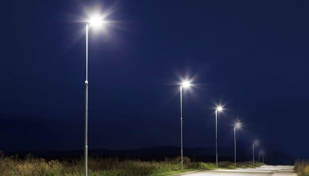 Solar street lights on a country road at night.