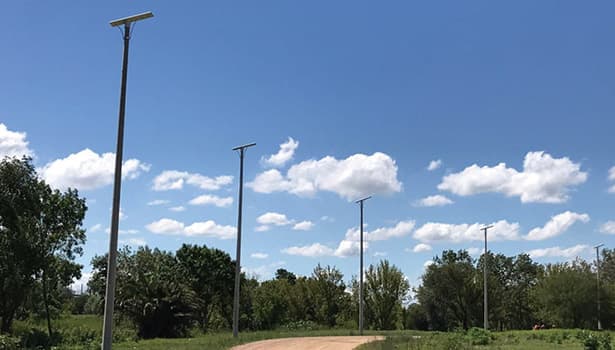 Multiple solar street lights in an open area, demonstrating installation in spacious outdoor environment