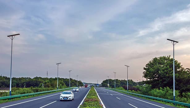 Solar streetlights along highway