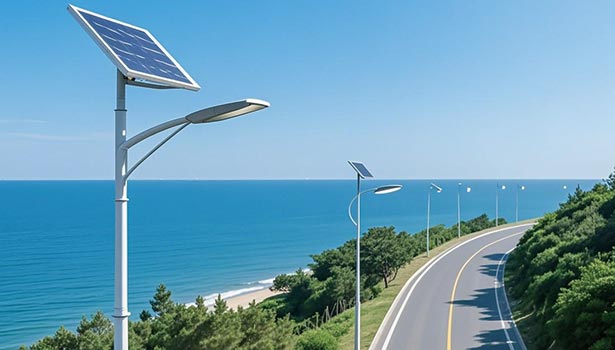 Solar street lights installed along the coastal road, with the sea and clear sky in the background