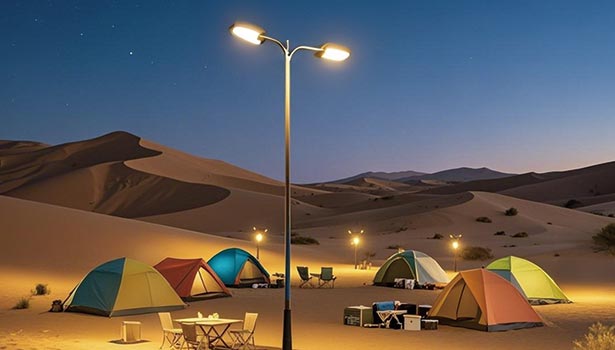 Solar street light illuminating desert camping area at night, with tents and desert dunes around