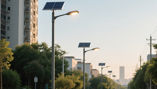 Row of solar street lights along the urban road, with buildings and greenery in the city scene