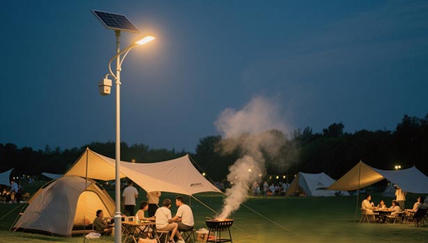 Solar street light lighting up a camping site with tents, people having a barbecue in the evening