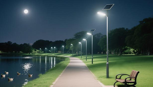 Solar street lights illuminating a park pathway by the lake at night, with ducks swimming and moon in the sky