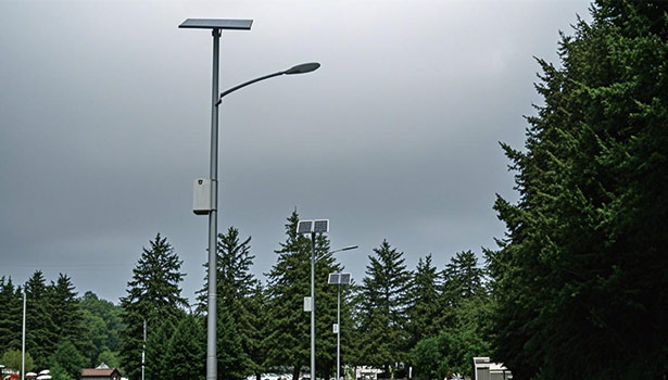 Solar street lights with panels mounted on poles in a residential area surrounded by trees on a cloudy day