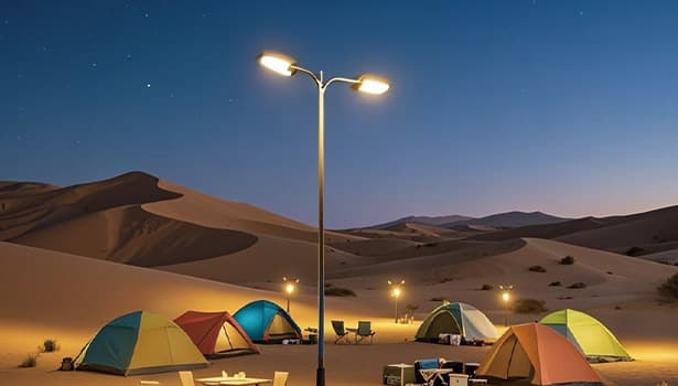 Solar street light brightly illuminating desert campsite with tents at night