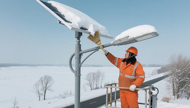 Worker cleaning snow off solar street light panel to maintain efficiency