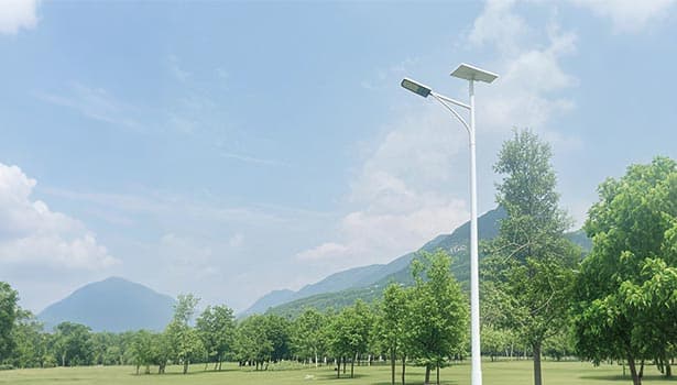 Solar street light installed in a park with green trees and mountains in the background