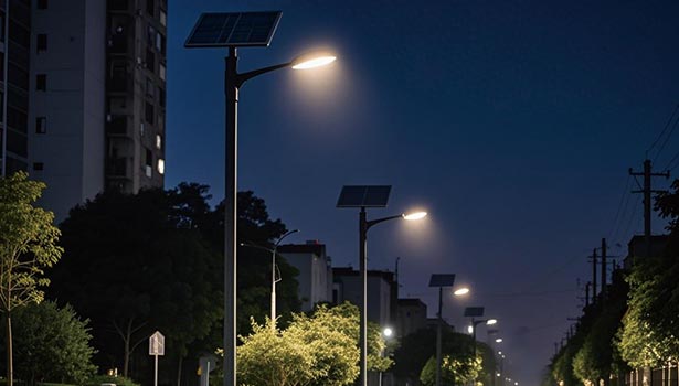 Commercial solar street lights illuminating a residential area at night
