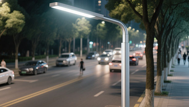 Modern solar street light installed on an urban road, enhancing nighttime visibility for traffic and pedestrians