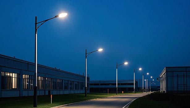 Solar street lights brightening an industrial zone pathway, energy - efficient outdoor lighting application