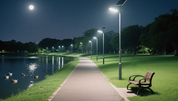Solar street lights in a park at night, providing eco - friendly illumination for a serene recreational space