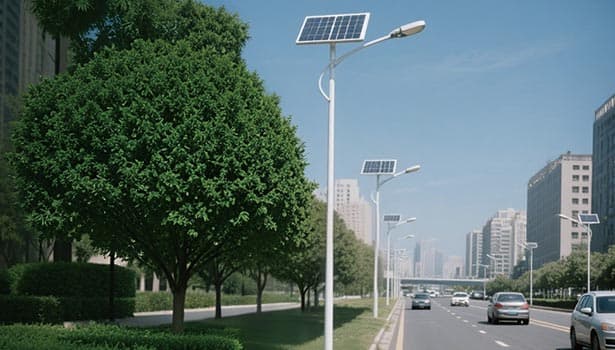 Solar street lights with panels along a city road, illustrating clean energy solution for urban street lighting