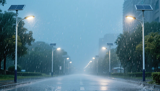 Multiple solar street lights glowing on a rainy summer street, proving functionality in extreme weather like typhoons