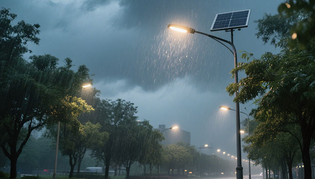 Solar street light emitting light in summer rainstorm, with trees and buildings in the background, emphasizing durability