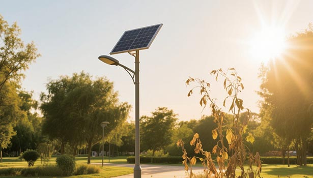 Solar street light working under bright summer sun in a park, showcasing its performance in high - temperature conditions