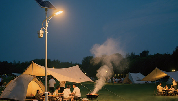 Yellow solar street light brightening a nighttime camping area, demonstrating eco-friendly outdoor lighting for gatherings