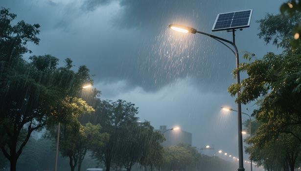 Yellow solar street light illuminating a rainy street, showcasing visibility in bad weather