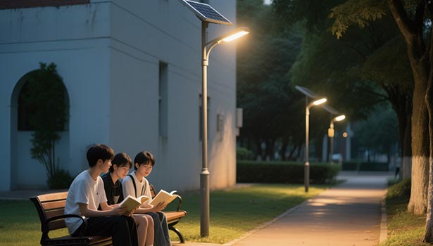 Students reading on a bench under a yellow solar street light, highlighting outdoor usability and gentle illumination
