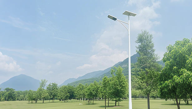 Solar street light standing in a spacious park with lush trees and distant mountains under a bright sky