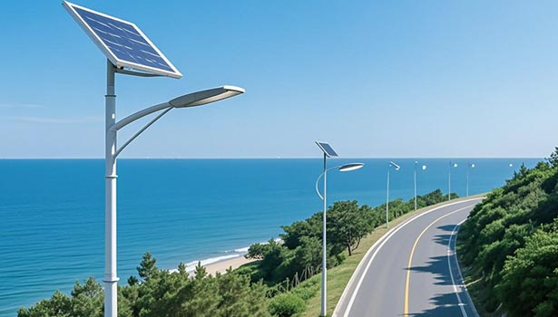 Solar street lights lined up along a winding coastal highway with the blue ocean and clear sky in the background