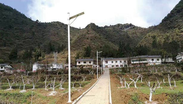Solar street light in a rural residential area with houses, mountains, and an orchard in the background