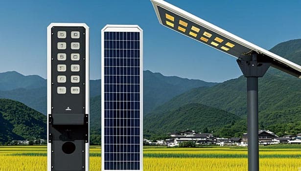 Different models of solar street lights against mountain and field backdrop, showcasing design and solar panel integration