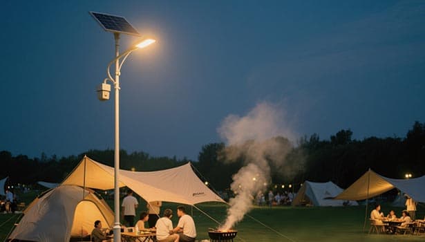 Solar street light illuminating a camping area at night, with tents and people around a campfire