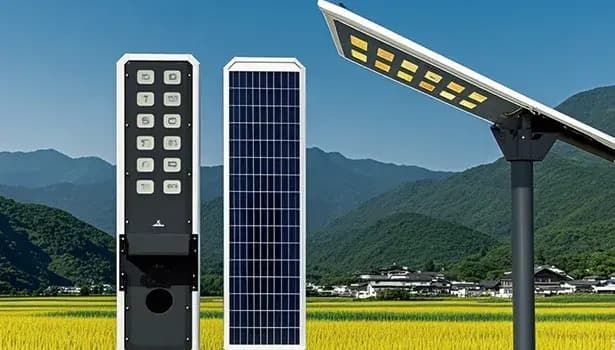 Solar street light parts including remote control, panel, and LED fixture displayed against a rural mountain and field backdrop