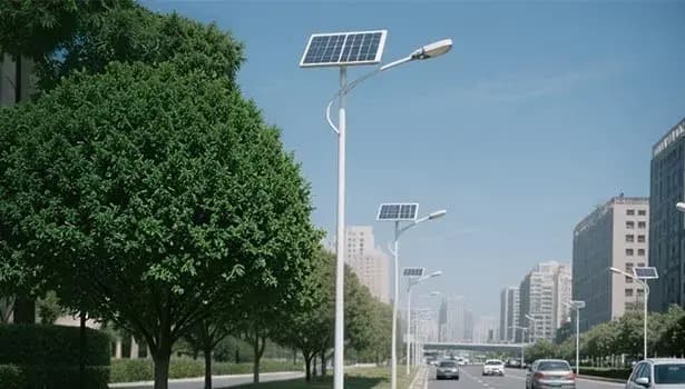 Solar street lights with panels mounted on poles lining a city road surrounded by trees and buildings