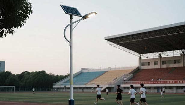 Solar street light illuminating a sports field with people running at dusk