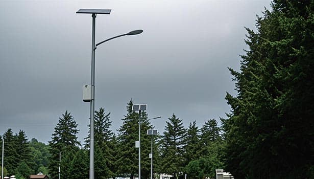 Solar street lights installed along a park pathway under a cloudy sky