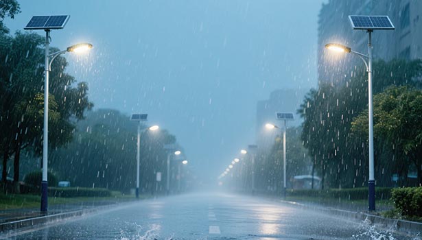 Solar street lights working efficiently during heavy rain on a city road, demonstrating weather resistance
