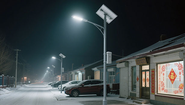 Solar street lights illuminating a snowy residential street at night, showing winter performance